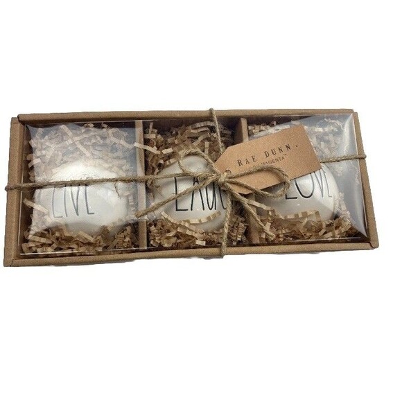 Rae Dunn Set of 3 Ceramic Christmas Ornaments "LIVE, LAUGH, LOVE" NEW Boxed Set - Picture 1 of 7